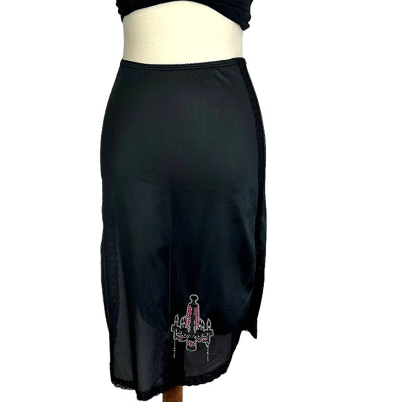 Black Half Slip Mini Skirt SMALL Vintage 60s Upcycled Lace Whimsigoth Witchy - Picture 1 of 6